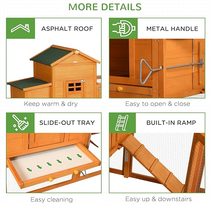 PawHut 118" Extra Large Chicken Coop with Asphalt Roof, Wooden Hen Run with Slide-Out Tray and Nesting Box, Chicken Hutch for 3-6 Chickens, Orange