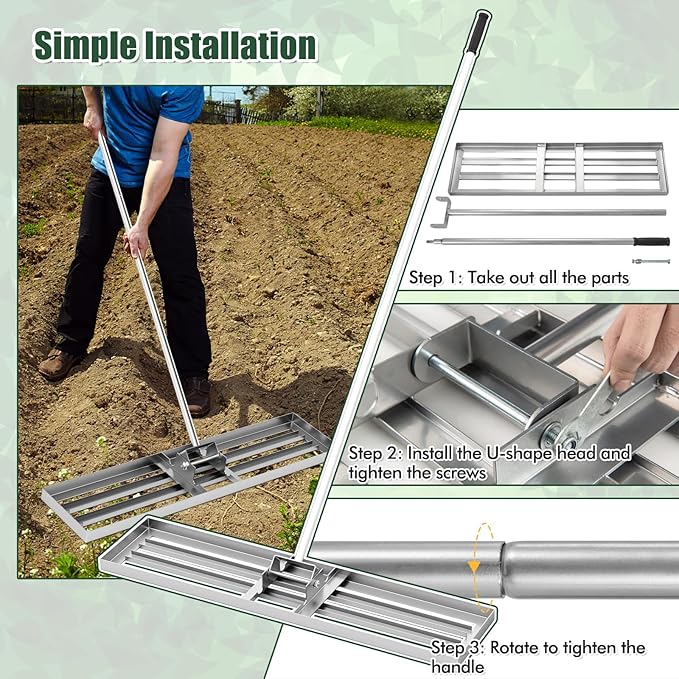 Happygrill Lawn Leveling Rake, Heavy Duty Lawn Level Tool for Soil w/67” Handle, Dirt Ground Leveler, Effort-Saving Landscape Rake for Garden, Backyard, Golf Course, Farm, Pasture (42" x 10", Silver)