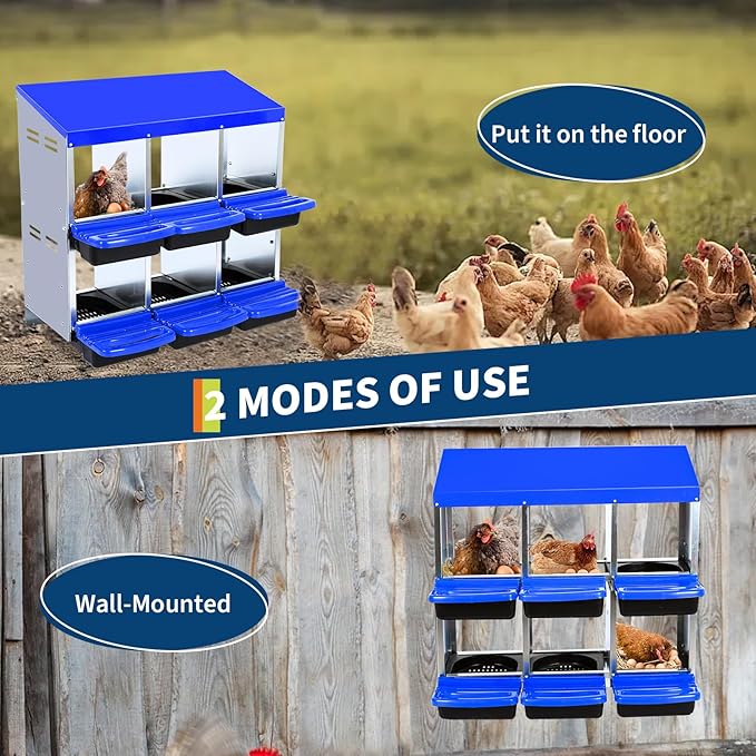 Chicken Nesting Boxes, Roll Away Nesting Box 6 Hole Metal Chicken Egg for Chicken Coop, Swing Perch and Rollout Egg Collection, Blue