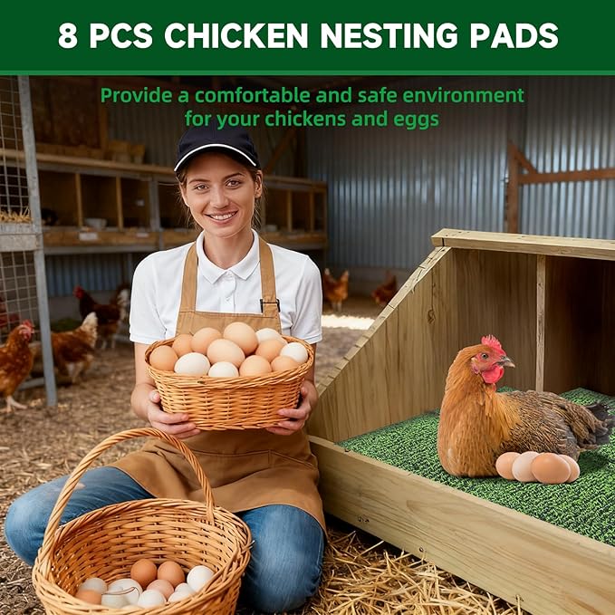 DRQ 8 Pcs Nesting Pads for Chicken Coop - Washable Chicken Nesting Pads, Reusable Chicken Coop Accessories for Hen Laying Mats 12"×12" (Green)
