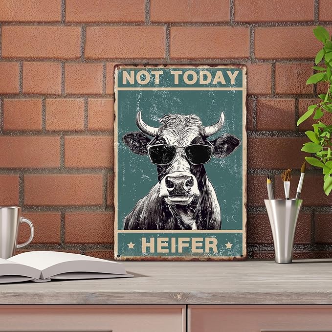 Sanwarm Metal Sign 8X12 Inch, Cow Decoration Not Today Heifer Milk Cow Cottage Vintage Tin Sign Wall Art Decor for Home, Living Room, Kitchen, Garden, Bedroom, Office, Hotel, Cafe And Pub Decoration