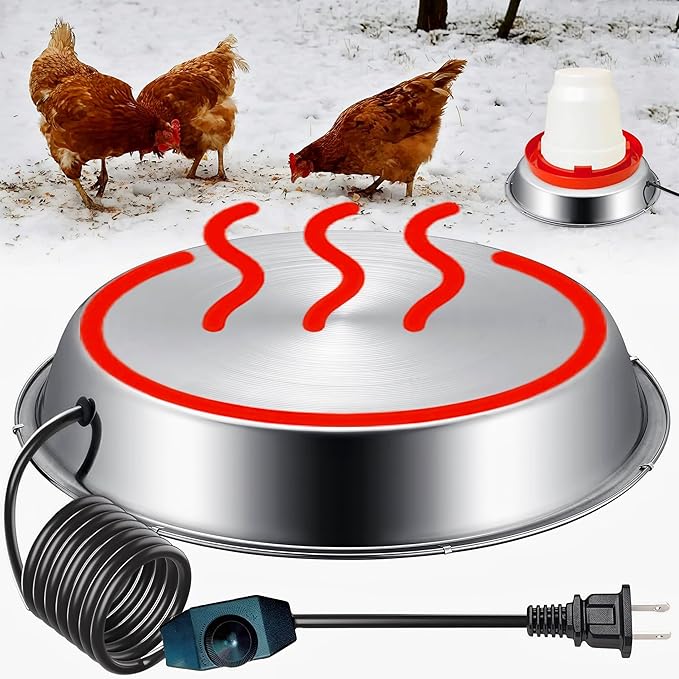 Chicken Water Heater for Winter, 11.8" Stainless Steel Heated Base for Poultry Drinker, 110V 60Watt Thermostatic Heater for 1-5 Gallon Chicken Waterer, US Plug, Anti-Rust, Safe for Coops and Barns