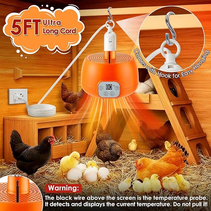 Enhon Chicken Coop Heater, 400W Heat Lamp for Chickens, Smart Chicken Brooder Heater with Thermostat & Timer, 5 Ft Extra Long Cable Heating Lamp for Chicks Ducks Dogs Cats Reptiles, No Remote
