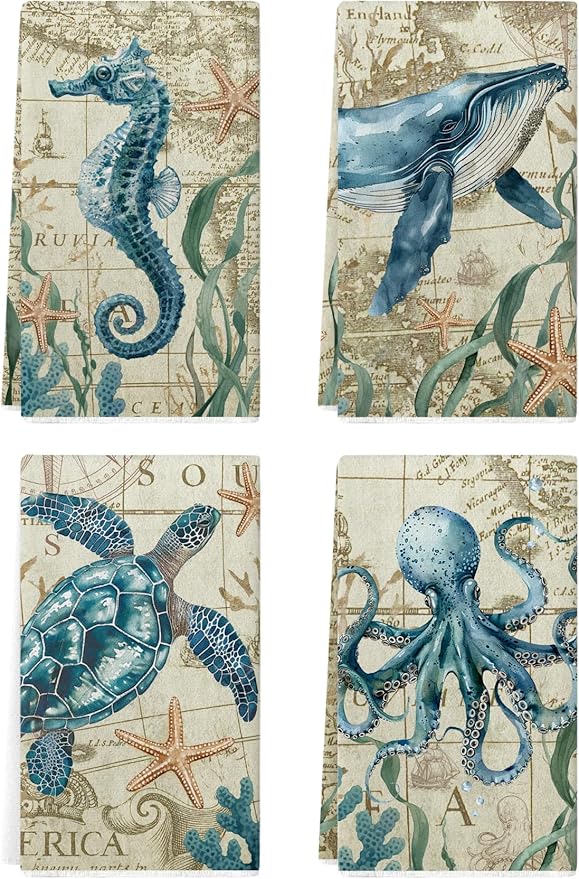 4 Pcs Nautical Ocean Kitchen Towels, Coastal Dish Towels, 26x18 Inch Beach Summer Absorbent Decoration Hand Towels for Housewarming Gifts (Ocean)