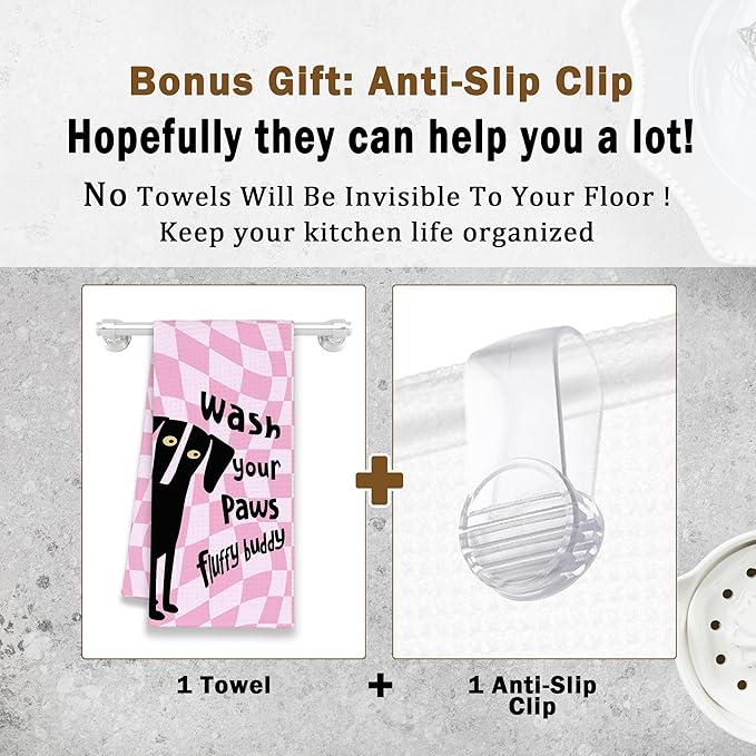 Pink Cute Dog Bathroom Kitchen Towels, Wash Your Paws Hand Towel for Bathroom, Funny Puppy Gifts for Dog Lovers, Trendy Preppy Checkered Dish Towels Decor for Dorm Girly Room 16x24in