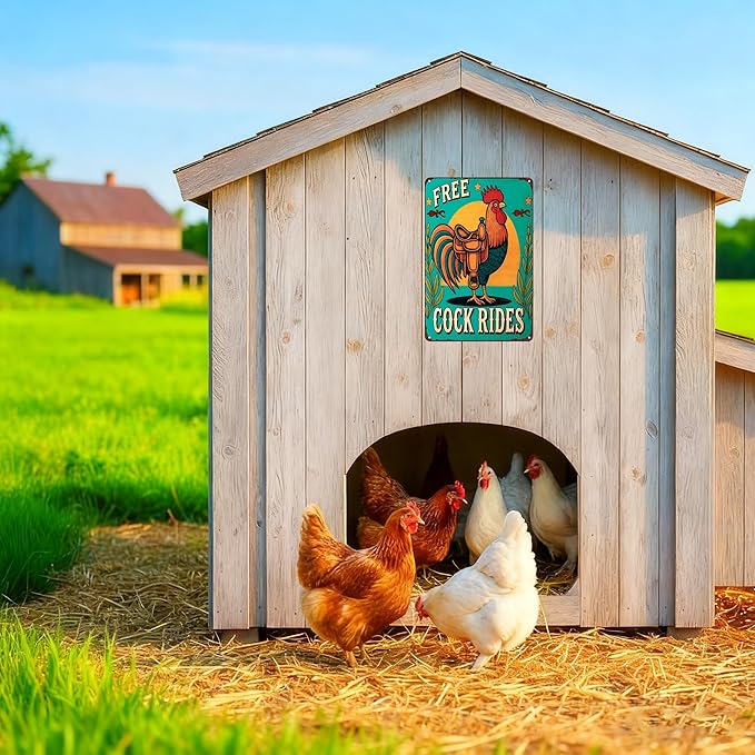 Funnysign Vintage Free Cock Rides Chicken Tin Sign for Chicken Coop Farm Kitchen Garden Yard Decor 8x12 inch (3939)