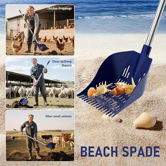 Chicken Poop Scooper & Rake, 2-in-1 Chicken Poop Pooper Shovel with 3-Shape Sifting Holes, 39 to 68" Chicken Coop Rake Stainless Steel Handle Litter Shovel for Small Farm Animals