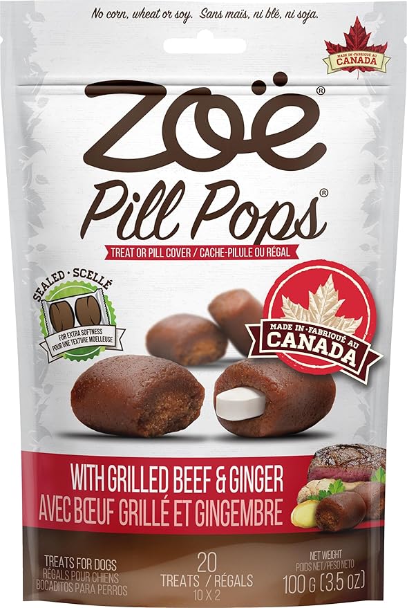Zoe Zoë Pill Pops for Dogs, Healthy Dog Treats, All Natural Dog Treats to Hide Medication, Grilled Beef with Ginger Recipe, 3.5 oz