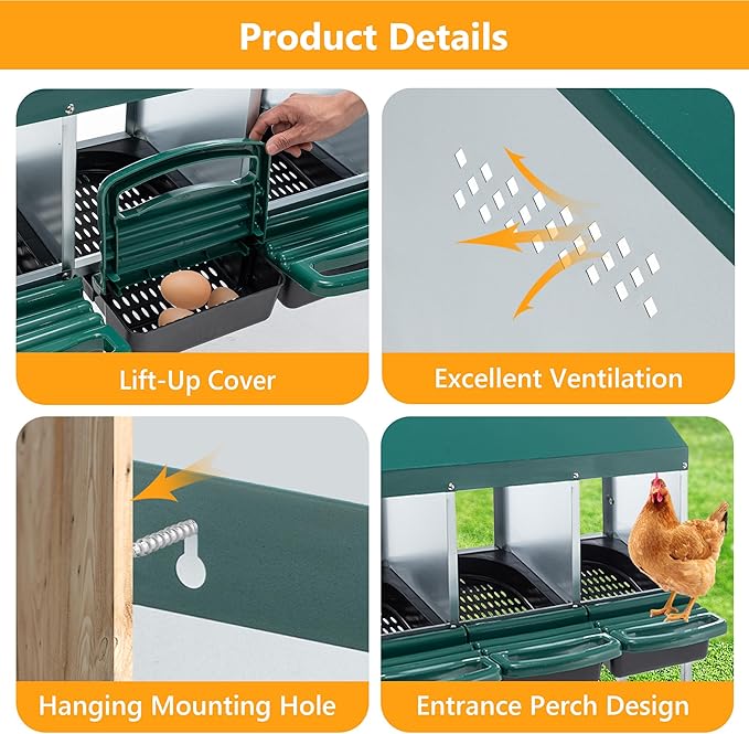 Nesting Box for Chickens Laying Eggs,Roll Away Chicken Nesting Boxes with Legs,4 Compartment Wall Mountable Metal Chicken Nesting Box,Roll Out Nesting Boxes for Hens,Green