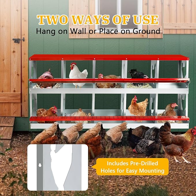 Chicken Nesting Box for Laying Eggs,Wall-Mountable Chicken Coop Nesting Boxes,10 Hole Roll Away Nesting Boxes,with Large Vented Holes,for Chickens,Ducks,Large Egg Laying Boxes (Red 10 Hole)