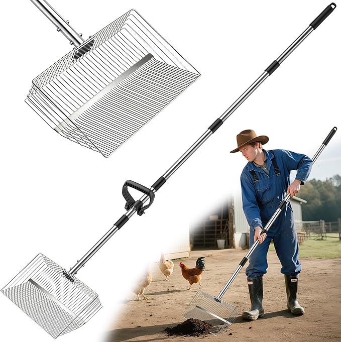 15-inch Large Chicken Poop Scooper, Heavy Duty Adjustable Chicken Coop Scoop for Sand with Ergonomic Grip,5-in-1 Heavy Duty Adjustable Metal Chicken Coop Scoop with 24 to 68"
