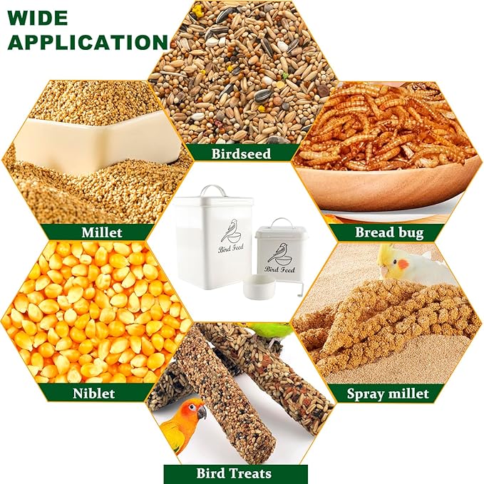Set of 2 Metal Bird Seed Storage Container,Combined 8lbs Bird Seed Container with Scoop,Wild Bird Food Bins for Storing Sunflower Seed-Sturdy and Squirrel proof-6''x9''+5''x5''-White