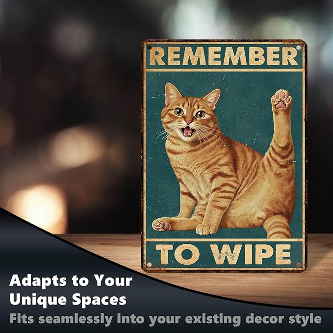 Retro Orange Tabby Tin Sign Remember To Wipe Vintage Cat Wall Decor Funny Nostalgic Metal Poster Cat Lovers Decorations for Home Bathroom Toilet Indoor Bedroom 16 * 12 In