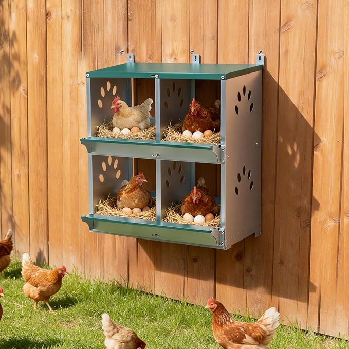 EAGLE PEAK 4-Hole Wall Mounted Chicken Nesting Box, Roll Away Hen Laying Box with Sloped Roof & Easy Clean Tray, Galvanized Steel for Backyard Chicken Coops (Green)