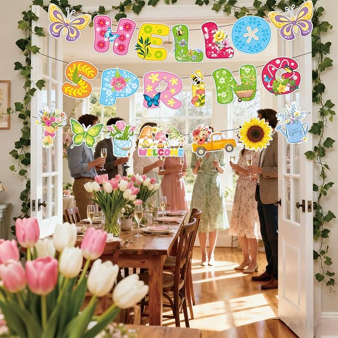 3Pcs Pre-Strung Hello Spring Banner for Classroom Office Spring Easter Hanging Decorations