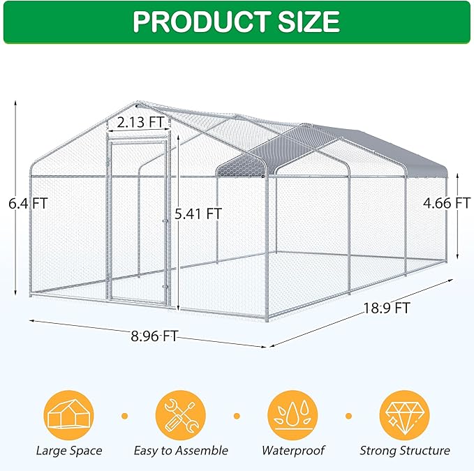 Large Metal Chicken Coop, Walk-in Chicken Run Pen with Waterproof Cover, Spire Roof Hen House Poultry Cage for Outdoor, Backyard, Farm(8.9x18.9 FT)