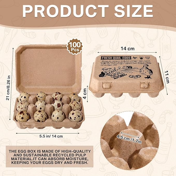 Honeydak 100 Pack Quail Egg Cartons 12 Count Paper Pulp Egg Trays with Buckle 3x4 Style Reusable Stackable Holders Container Storage Box for Farmers Kitchen Supermarkets Home, 8.27x5.51x1.57 in
