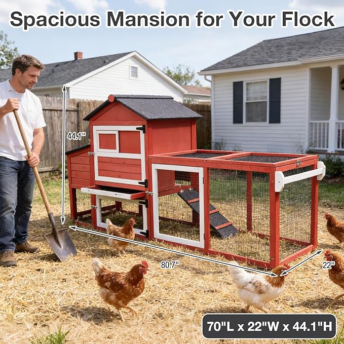 Large Mobile Chicken Coop Wooden with Wheels, Expandable Outdoor Chicken House with Nesting Box & Pull-Out Tray, Easy-Clean Poultry Coop for 2–3 Chickens & Ducks