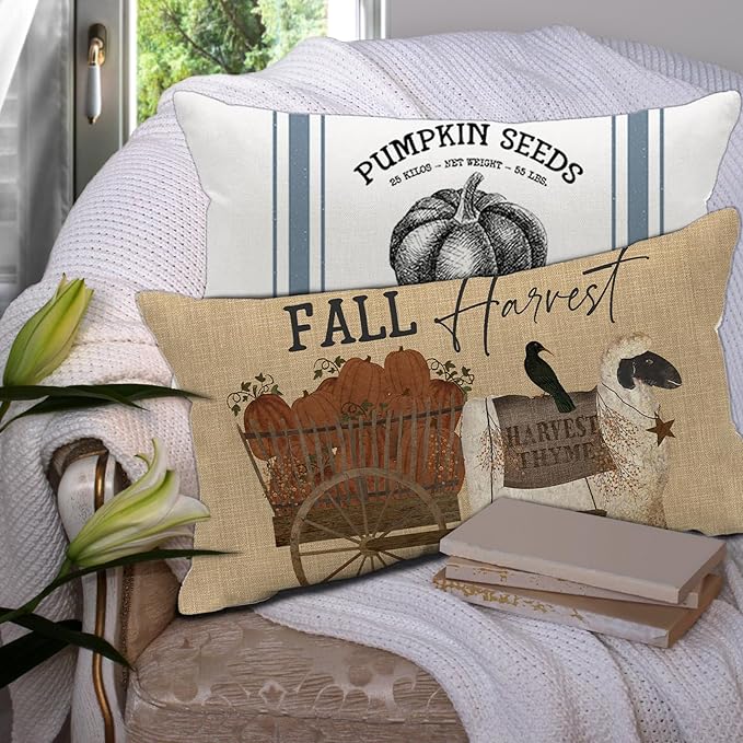 Thanksgiving Day Harvest Throw Pillow Covers 12x20 inch Vintage Farmhouse Sheep and Pumpkin Lumbar Pillow Decor Cushion Case for Home Couch Pillowcase