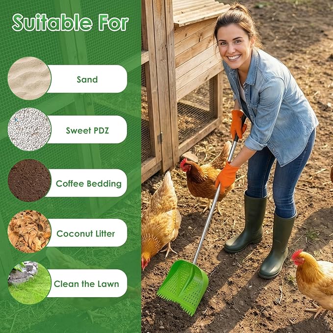Chicken Poop Scooper & Rake 2-in-1, Adjustable Handle Length from 38" to 66", Features Manure Sifting Capability – Ideal for Chicken Coops and Farm Animal Cleaning (Green)