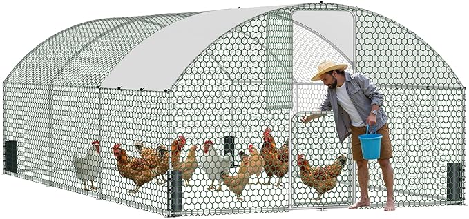 Large Metal Chicken Coop, Walk-in Chicken Run with Feeding Door, Security Lock and Cover, Outdoor Duck/Rabbit Cage Poultry Pen for Backyard, Farm, Yard (Silver - Dome Roof, 19.7 x 9.8 x 6.6 FT)