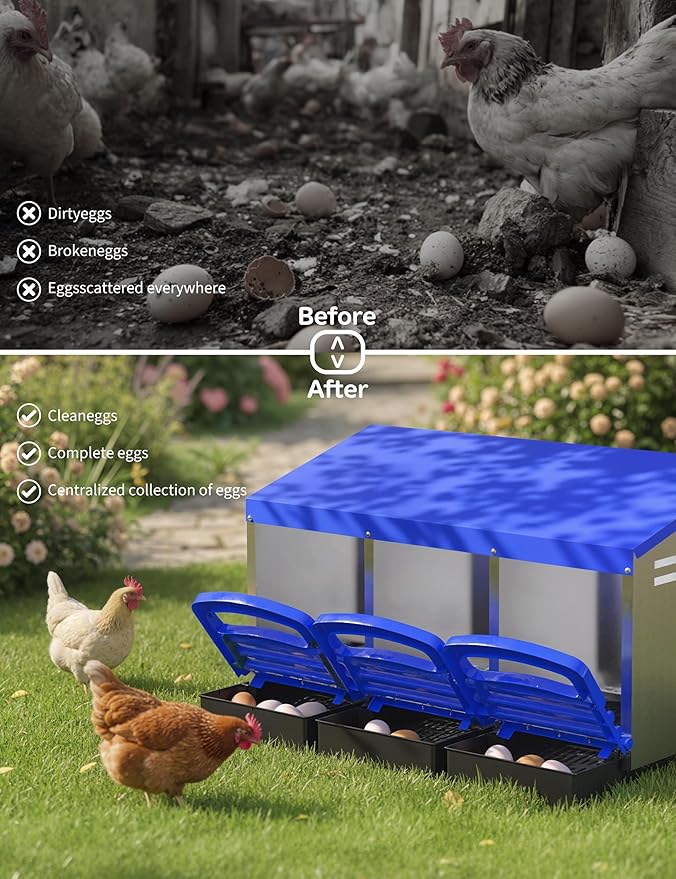 Chicken Nesting Box 3 Hole, Galvanized Steel Nest with Roll Away Egg Collection & Swing Perch, Easy-Clean Laying Box for Hens, Heavy Duty Design for Chicken Coop