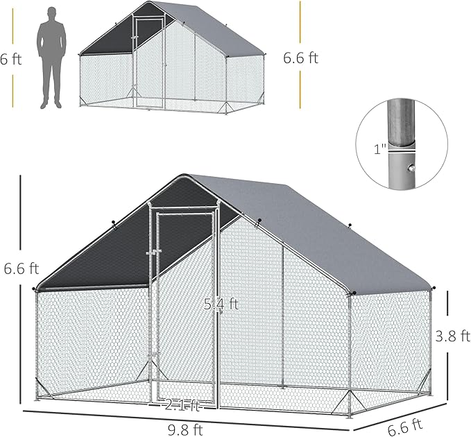 PawHut Large Chicken Coop Metal Chicken Run with Waterproof and Anti-UV Cover, Spire Shaped Walk in Fence Cage Hen House for Outdoor and Yard Farm Use, 1" Tube Diameter, 9.8' x 6.6' x 6.6'
