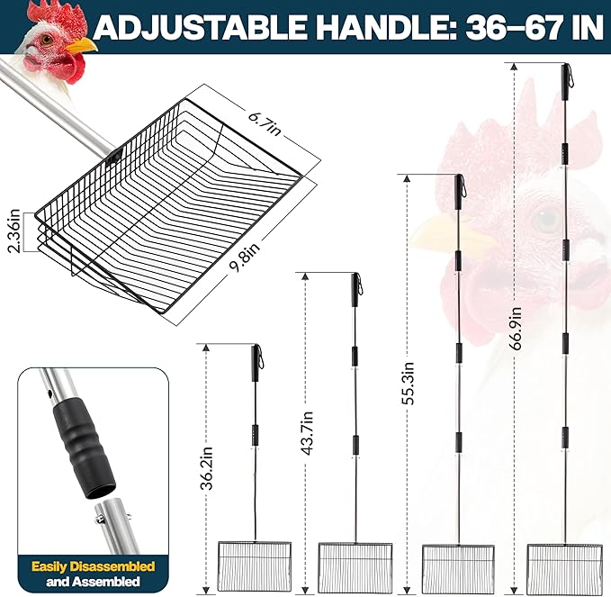 Chicken Poop Scooper - Chicken coop accesories with Hook and Brush, Durable Metal Litter Scoop Heavy Duty and Rust Resistant for Poultry Farmers, Easy to Clean, Lightweight and Portable coop Scoop