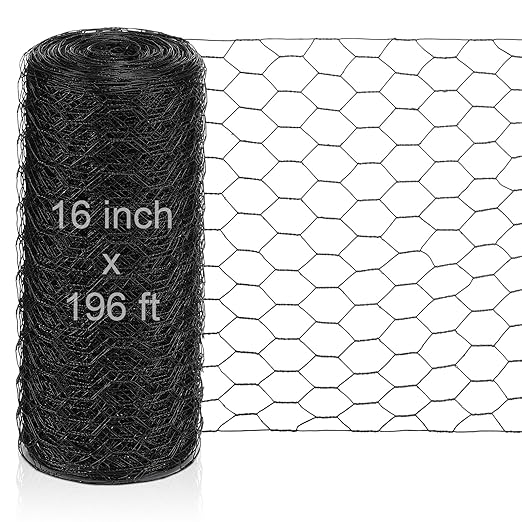 16 in x 196 ft Chicken Wire Fence Mesh Black Chicken Wire for Floral Arrangements PVC Coated Galvanized Fencing 20 Gauge Poultry Netting and 1 Inch Mesh Fence Roll for Home Garden