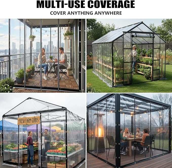 Clear Vinyl Tarps with Grommets 11 x 29FT Heavy-Duty Waterproof Covers for Garden Protection, Patio Enclosures, Greenhouse Applications Chicken Coop & Outdoor Plant Protection