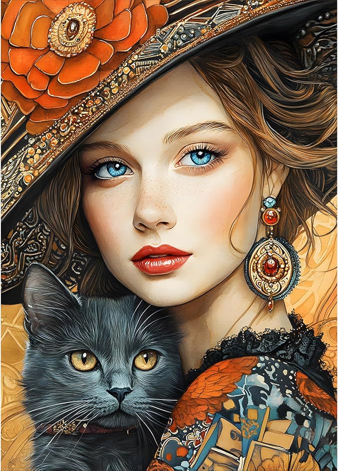 MAXBYE Diamond Painting Kits for Adults, Pretty Woman Hugging Black Cat Diamond Art Kits for Beginner, DIY 5D Full Drill Diamond Dots Crystal Art and Craft Kits for Home Wall Decoration 12x16inch