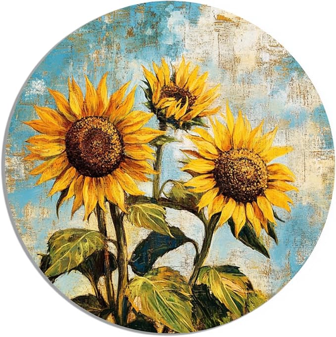 Round Sign Sunflowers Metal Tin Sign for Home Farm House Rustic Garden Yard Vintage Outdoor Outside Porch Wreath Wall Funny Decor 8 Inch