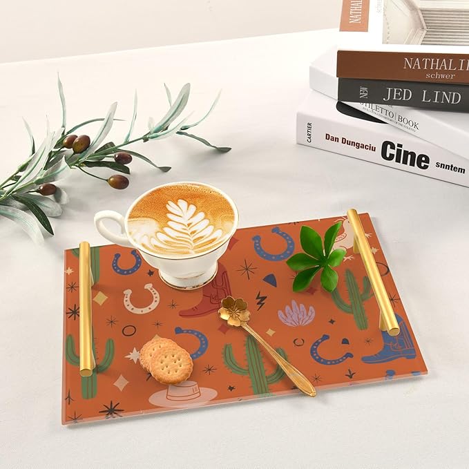 Bathroom Vanity Tray Counter Organizer, Western Desert Elements Pattern Decorative Tray with Handles Countertop Storage for Bathroom Bedroom Kitchen Home Farmhouse