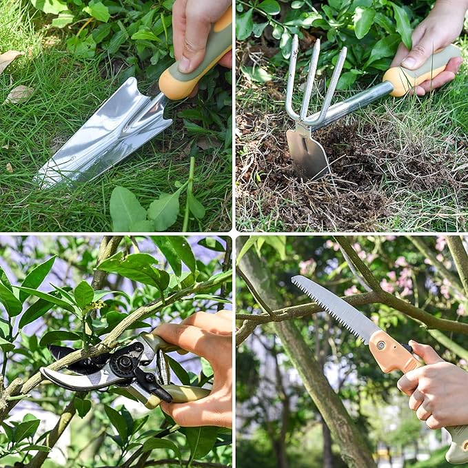Garden Tool Set, WisaKey 9 Piece Stainless Steel Heavy Duty Gardening Hand Tools with Handle, Durable Garden Tool Bag, Gardening Gifts for Women and Men Valentine's Gift for Woman