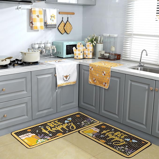 10 Pcs Bee Themed Kitchen Decor Set Dish Towels Kitchen Rugs Oven Mitts and Pot Holders for Cooking Baking Grilling Women Mom Gift