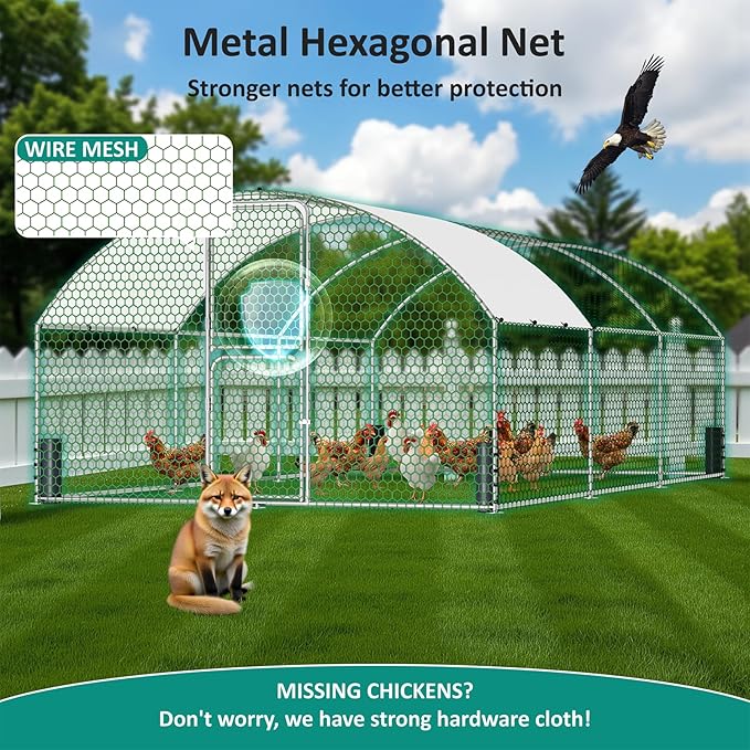 Large Metal Chicken Coop, Walk-in Chicken Run with Feeding Door, Security Lock and Cover, Outdoor Duck/Rabbit Cage Poultry Pen for Backyard, Farm, Yard (Silver - Dome Roof, 19.7 x 9.8 x 6.6 FT)