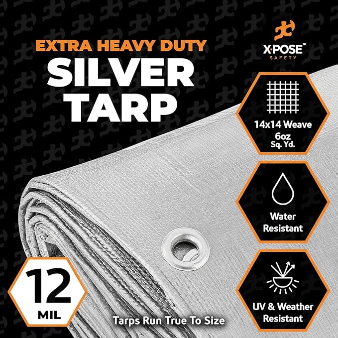 Heavy Duty Silver Poly Tarp 40' X 60' - Bulk Full Pallet (12 Pack) - Multipurpose Protective Cover - Durable, Weather Proof & Tear Resistant - 12 Mil Thick Polyethylene - by Xpose Safety