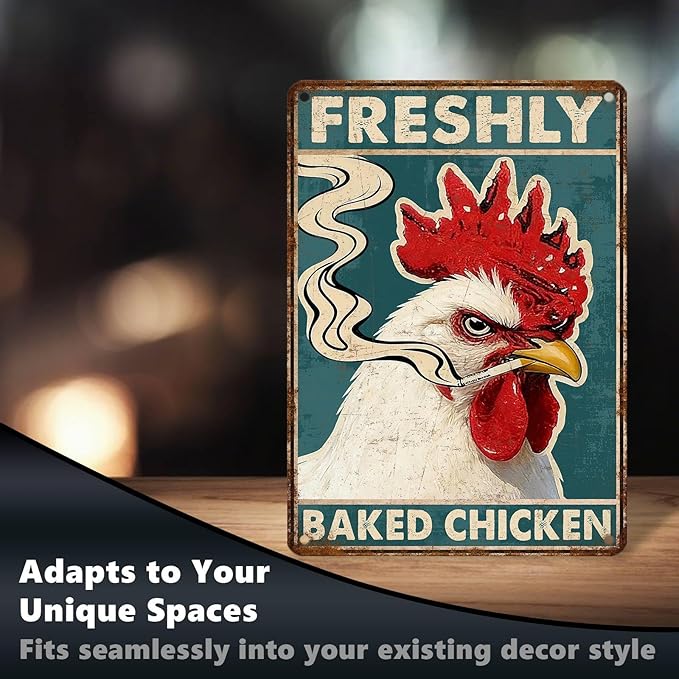 Funny Chicken Metal Signs Rooster Kitchen Decor Freshly Baked Chicken Tin Signs Vintage Farmhouse Poster Rustic Wall Decor For Home Farm Cafe Bar Pub Man cave Living Room Office 16 * 12 In