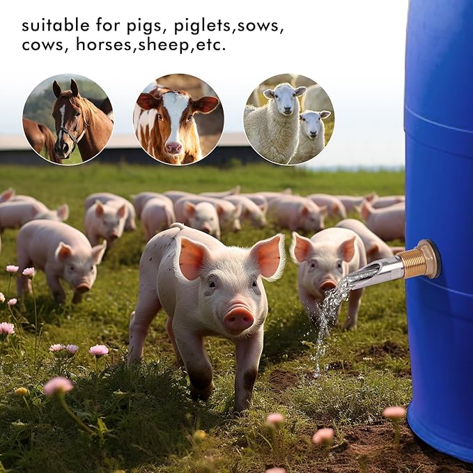 Pig Nipple Waterer for Barrel Kit Stainless Steel Pig Drinker Feeder with Brass Water Tank Connector Kit Automatic Pig Waterer System for Hog Goat Sows Piglets (3 Pig Drinker)