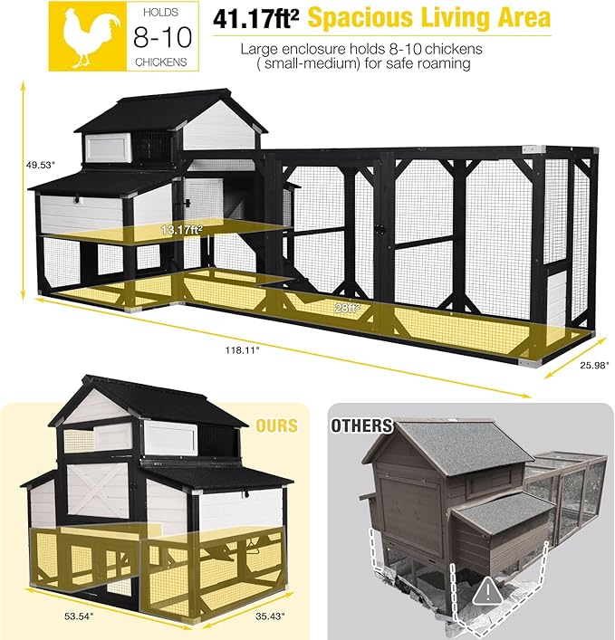 Aivituvin Chicken Coop Extra Large Chicken House 41.3ft² for 8-10 Chickens Outdoor Wooden Hen House Poultry Cage with 6 Nesting Boxes, 6 Perches, Large Run 118" L, Black