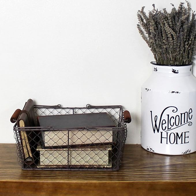 CVHOMEDECO. Primitive Chicken Wire Gathering Baskets with Wood Handle Rectangular Farmhouse Storage Baskets Set, Rusty, Set of 3
