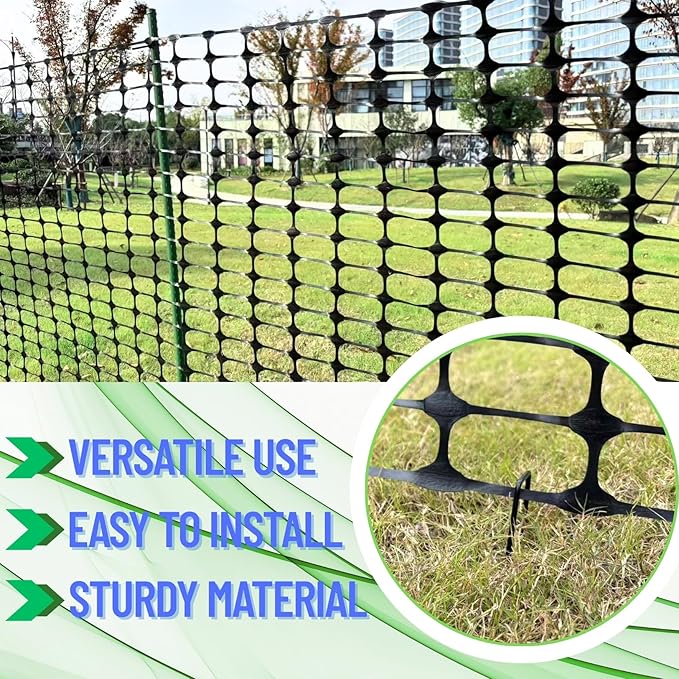 PotatoLife Plastic Mesh Fence, Extra Strength 4'x50' Roll with 50 Zip Ties, Resuable Temporary Netting for Garden Fencing, Snow Fencing, Animal Barrier, Poultry, Deer, Dog, Construction, Black