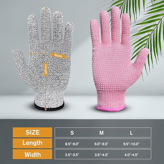 Evridwear Cutting Gloves Level 5 Cut Resistant, Food Safe Gloves with Non-Slip Grip for Kitchen, Meat Cutting & Mandoline Use, 2 Pairs (M, Pink+Gray)