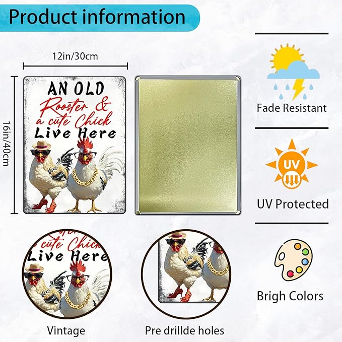 Rooster Wall Decor Chicken Signs Chicken Coop Accessories Metal Tin Sign Vintage Style An Old Rooster And A Cute Chick Live Here Iron Poster 12x16 Inch