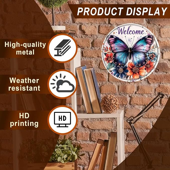 Welcome Butterfly Round Metal Tin Sign Wreath Spring Vintage Wall Decor for Front Door Home Porch Entryway 8x8inch