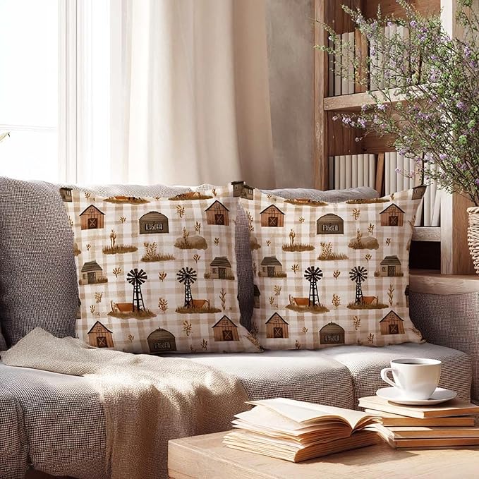 Barn Gingham Farmhouse Throw Pillow Covers 18x18 Inch, Set of 2 | Country Rustic Square Cushion Cases for Couch Sofa Living Room | Neutral Beige Home Decor, Decorative Pillowcases