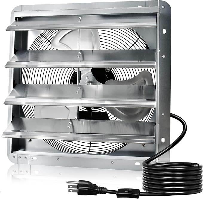 Hiorucet 16 Inch Wall Mounted Shutter Exhaust Fan with 1.8m Power Cord, 2060CFM High Speed Low Noise Aluminum Louvered Exhaust Fan for Greenhouse, Garage, Shop, Attics, Chicken Coop Ventilation Fan.