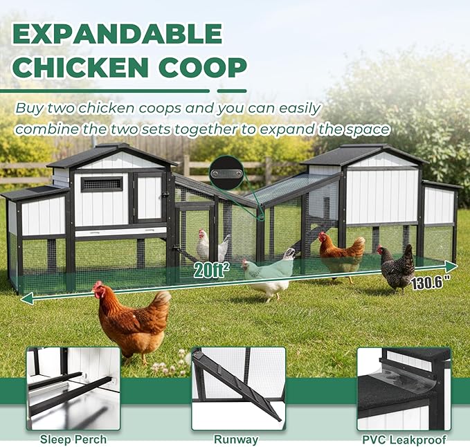 Large Chicken Coop with Run, Wooden Chicken Hen House Quail Coop with 2 Nesting Box, UV-Resistant Roof, Pull Out Tray, Outdoor Poultry Hutch Cage for Chickens Quails