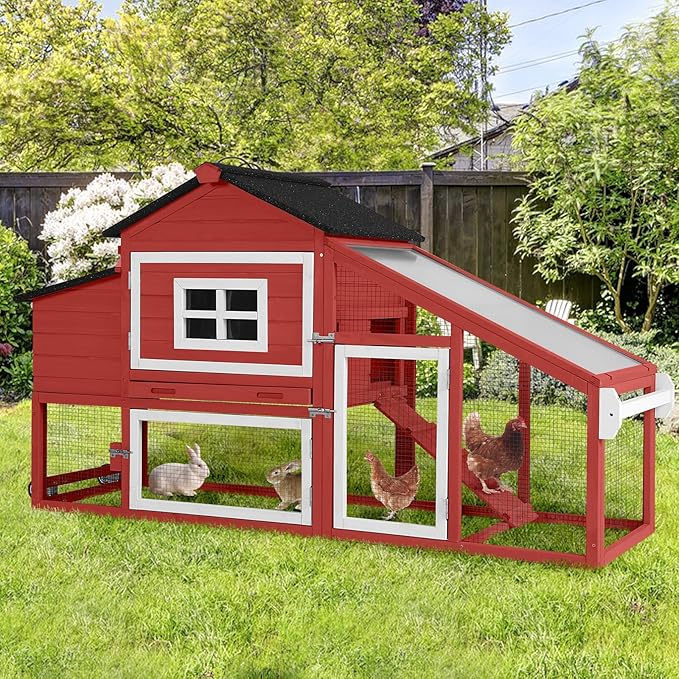 Chicken Coop for 4 Chickens, Mobile Chicken House with with Wheels, Outdoor Hen House Poultry Cage with Nesting Box, Leakproof Pull Out Tray and UV-Resistant Roof (67.3" L x 29" W x 39.4" H-R)