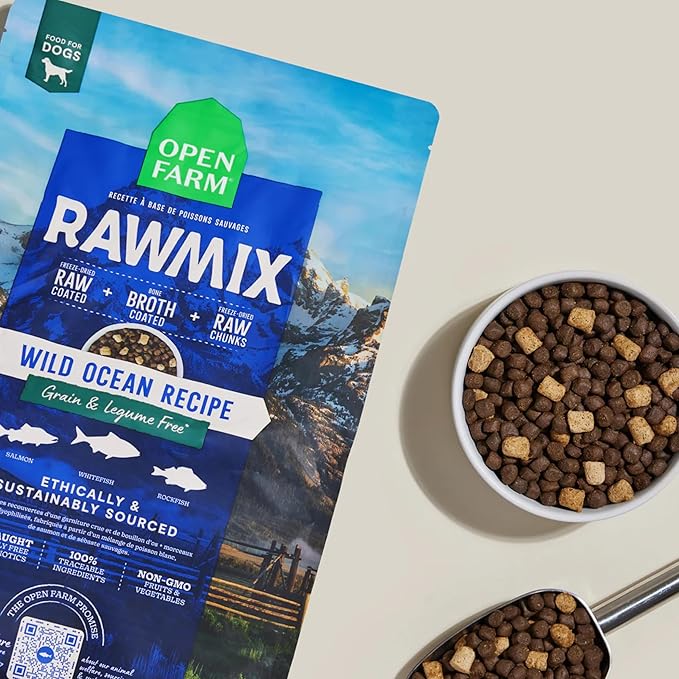 Open Farm, RawMix Grain-Free Dry Dog Food, Protein-Packed Kibble Coated in Bone Broth with Freeze Dried Raw Chunks, Salmon Whitefish & Rockfish, Wild Ocean Recipe, 20lb Bag